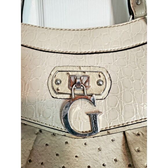 Guess Tamora Creme Satchel Purse pebble Texture Handbag With Hanging G Logo - Picture 6 of 11
